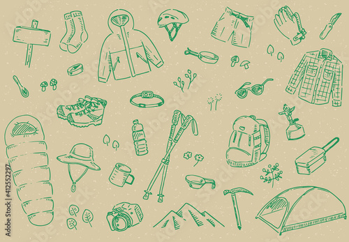 ラフな手描きの登山道具セット(壁紙)