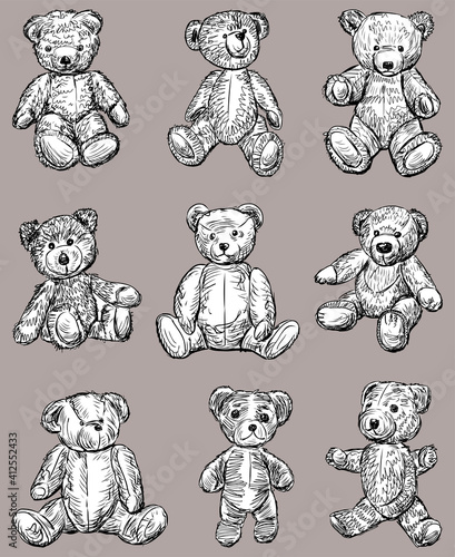 Vector image of set sketches various old teddy bears