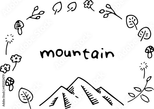 山と植物のフレーム丸(モノクロ)