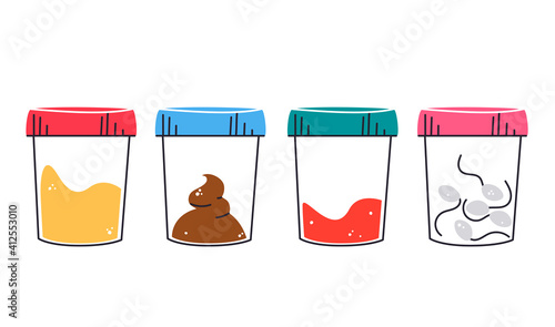Urine, stool, sperm test flat cartoon illustration. Clinical analysis banner design. Donor biological materials printing card