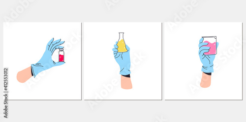 Hand in glove holding test tube with biological sample collection . Set of various medical analysis, chemistry researches. Laboratory  health care equipment cartoon clipart.