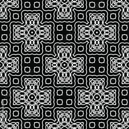  Geometric vector pattern with triangular elements. Seamless abstract ornament for wallpapers and backgrounds. Black and white colors.