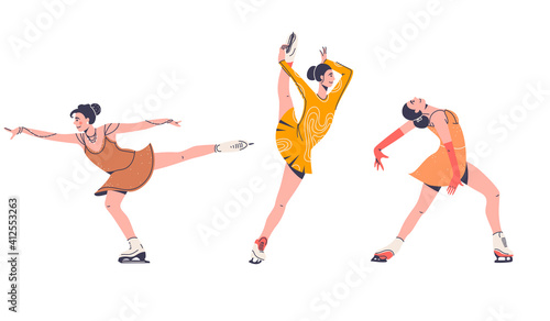 Fototapeta Naklejka Na Ścianę i Meble -  Figure skating flat cartoon illustration. Woman on ice, female gymnast banner design. Beautiful lady doing performance printing card.