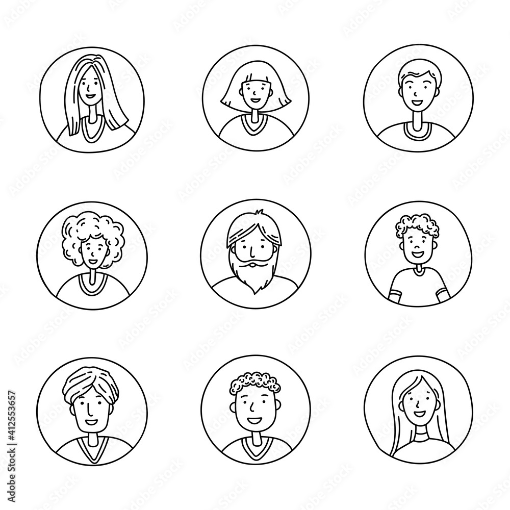 People of different nations icon set. Hand drawn human avatar illustration in doodle sketch style. Vector image.