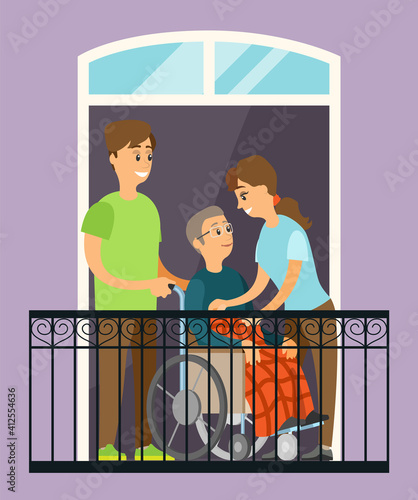 Couple help sick man in wheelchair to go for a walk on the balcony. hildren take care of their disabled parents. Cartoon vector illustration. A man rolls wheelchair with a smiling elderly person