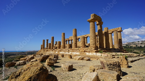 Wide angle view of Greek temple ruins in the Valley of Temples in Agrigento, Sicily, Italy. UNESCO World Heritage Site