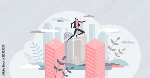 Overcoming obstacles and jump over business buildings tiny person concept