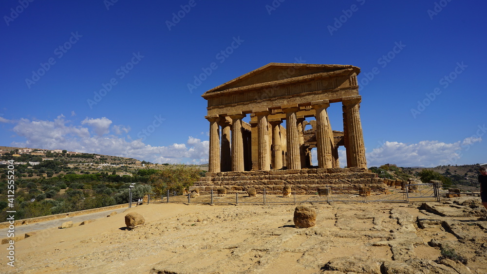 Wide angle view of Greek temple ruins in the Valley of Temples in Agrigento, Sicily, Italy. UNESCO World Heritage Site