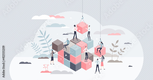 Solving problem and difficult work teamwork assemble tiny persons concept