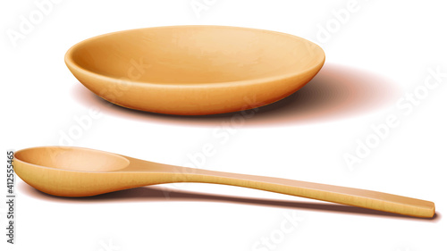 Light brown wooden Bowl and wooden spoon with realistic shadow