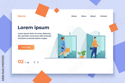 Man and woman walking through doorways for males and females. Public toilet, restroom flat vector illustration. Washroom, segregation concept for banner, website design or landing web page