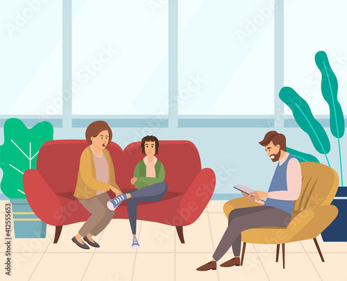 Conversation between mother, teenager and a man psychologist or psychotherapist makes notes in a notebook. Family psychotherapy, psychotherapeutic aid for children with mental problems consultation