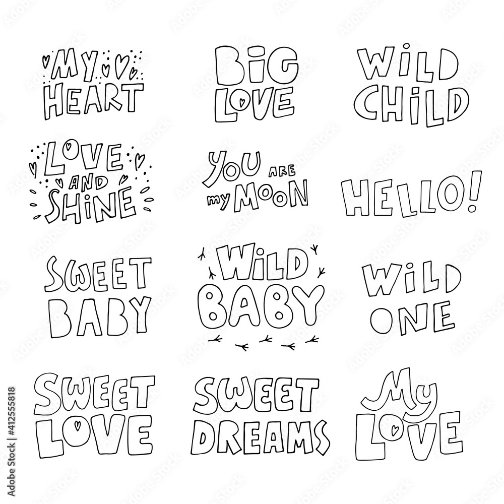 Fototapeta premium Love lettering set. Hand drawn iillustration. Vector image.