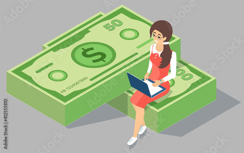 Online shopping concept. Young girl with laptop sitting on the stack of dollars paper bills, makes online purchases. Business woman is sitting on stacks of money and working with her computer