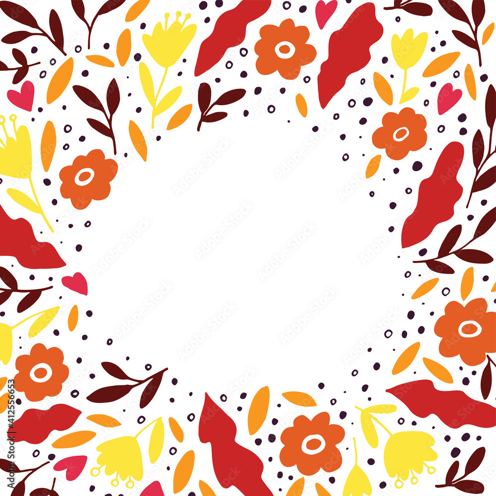 Autumn card. Template with fall leaves and flowers. Hand drawn vector illustration. For cards, invitations, posters, flyers, banners.
