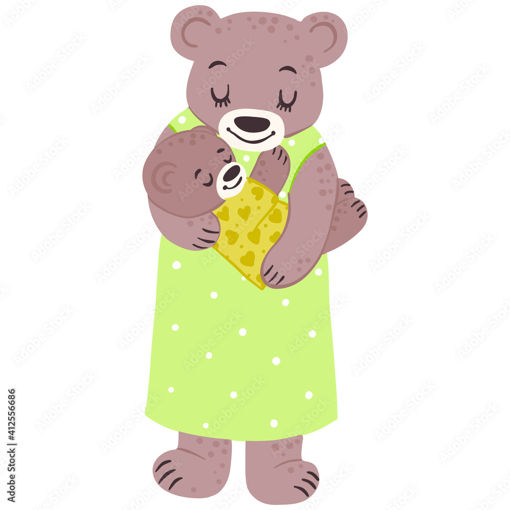 Mother bear with baby in her arms, isolated vector illustration