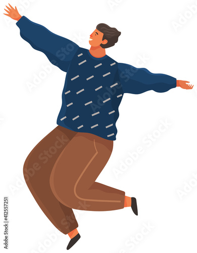 Cartoon young male soaring and flying in the air dreaming person in movement pose isolated on white. A man floating in imagination dream. Character flying in dreams or sky wearing casual clothes