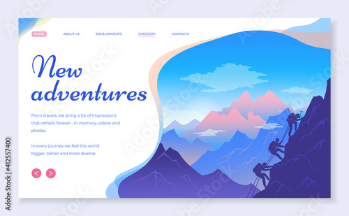 Web site for travelers concept. New adventures banner, website, poster template, colorful web page design. A team of climbers with backpacks with a pickaxe and a rope climb a mountain. Time to travel