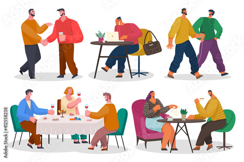Set of pictures, people in restaurant or at home. Friends spending time and have dinner together. Man and woman, couple talking and eating on date. Vector illustration of reception in flat style