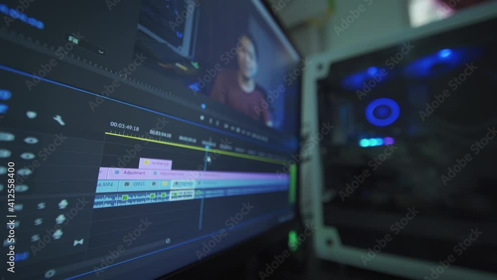 Video editing software interface, video and audio timeline. Content creator editing video in time lapse, selective focus. Video editing software interface, video and audio timeline. Content creator editing video in time lapse, selective focus.