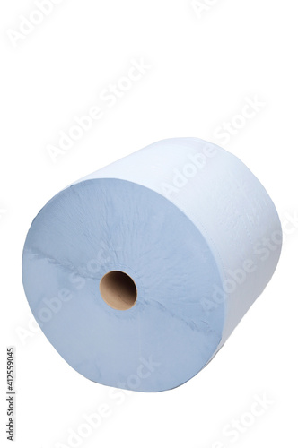 side on view of industrial sized roll of blue tissue paper