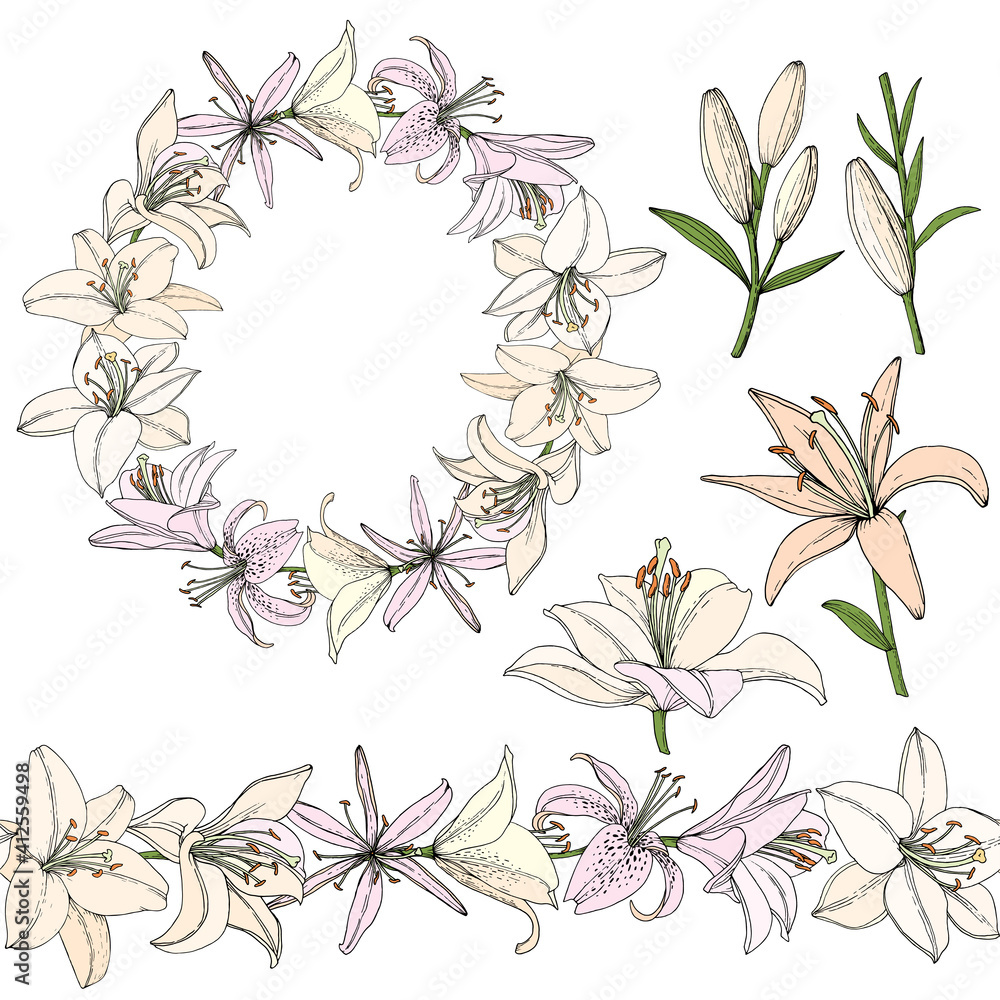 Wreath with Lily flower, bud and leaf. Hand drawn illustration. Vector image in sketch style.
