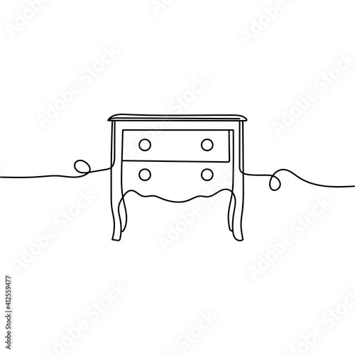 Continuous one line drawing of a chest of drawers. Vector illustration. Furniture concept. Perfect for cards, party invitations, posters, stickers, clothing.