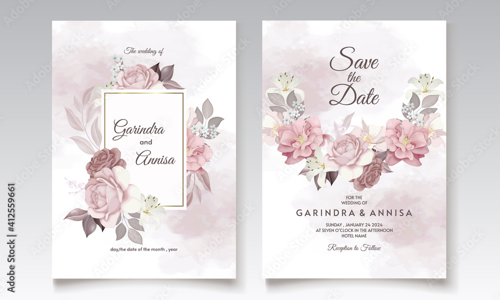  Elegant wedding invitation card with brown  floral and leaves template Premium Vector