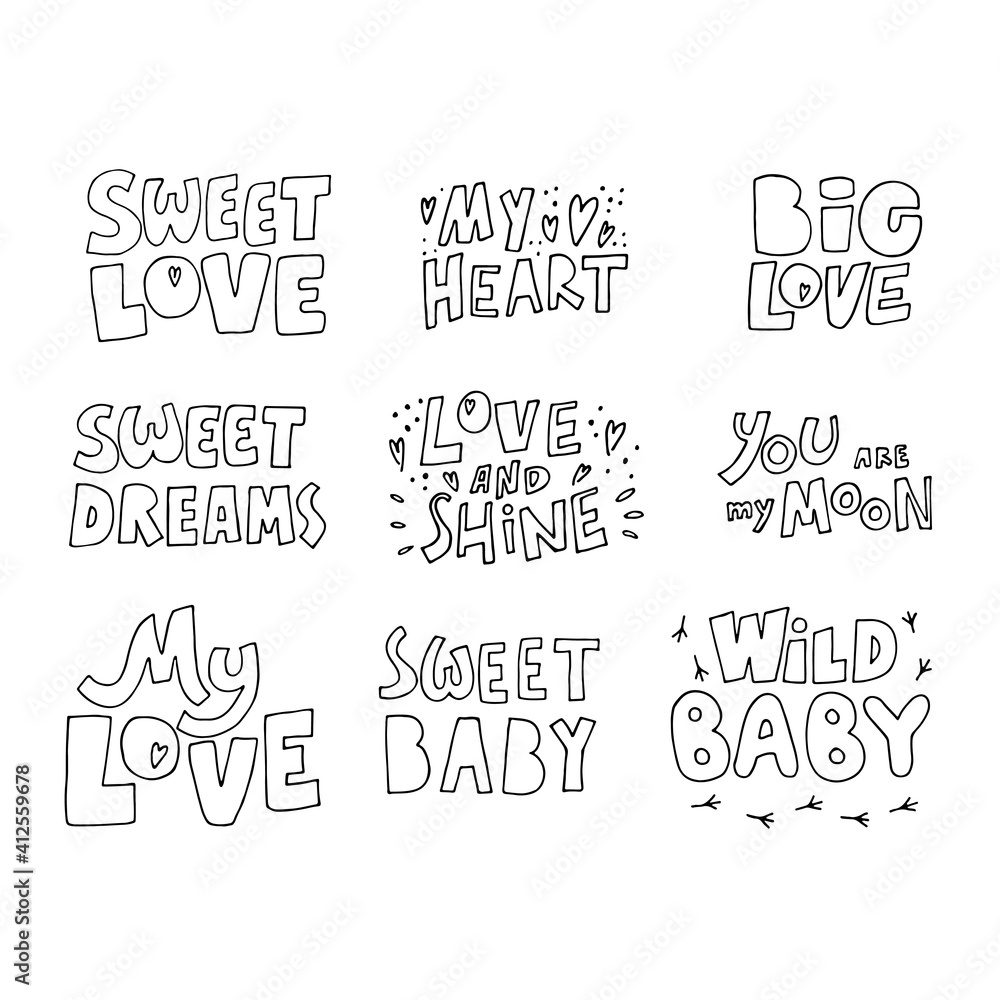 Love lettering set. Hand drawn iillustration. Vector image. Love lettering set. Hand drawn iillustration. Vector image.