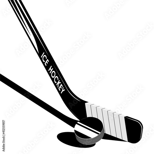 sports stick for ice hockey behind the black rubber puck. Hockey player takes aim for precise and powerful shot. Sport competition. Contrast monochrome vector