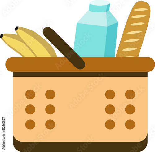 Grocery basket from the supermarket. Purchases. Bananas, milk, bread