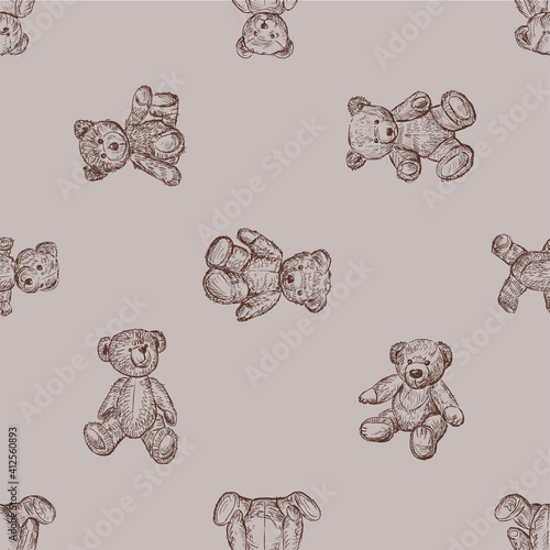 Seamless pattern of sketches different vintage teddy bears