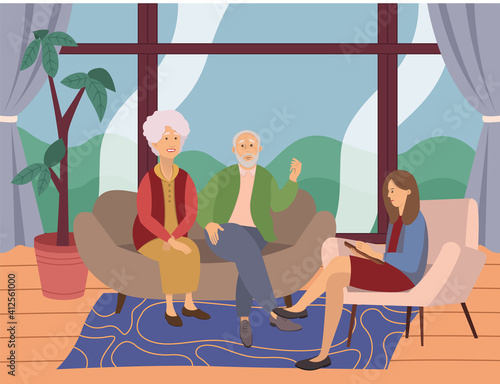 Psychiatrist consultation. Worried elderly pensioner couple man and woman on psychologist session. Difficult relationships. Family crisis treatment. Psychotherapy practice with a woman psychotherapist