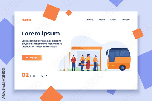 Passengers waiting for public transport at bus stop flat vector illustration. Cartoon characters using auto. Transportation and conveyance concept.