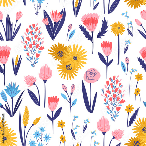 Seamless pattern of tulip, rose, aster, calendula and other colorful flowers. Hand drawn illustration in doodle style. Isolated in white background for fabric, wallpaper and another print design.