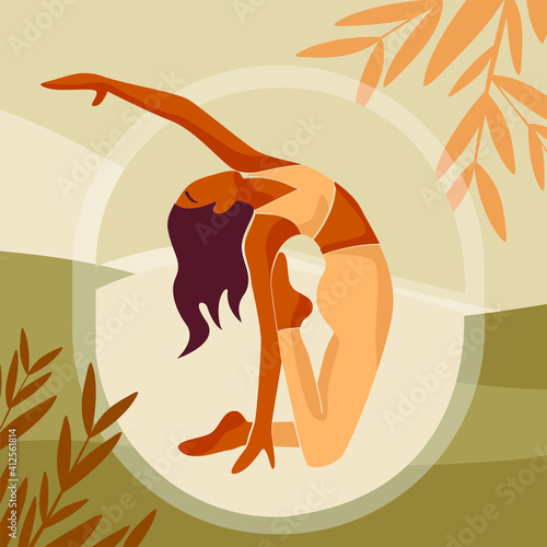 Vector illustration of a beautiful girl doing yoga . Hand drawing of a young woman doing fitness and home interior. Against the backdrop of a landscape