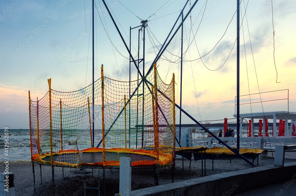 Fototapeta premium Empty playground at Koblevo seaside in Ukraine at evening