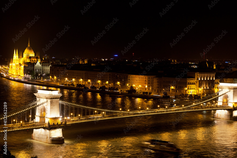Budapest: the Hungarian parliament and the bridge in evening illumination, Hungary