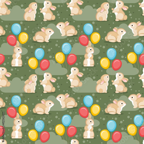 Seamless pattern with adorable cartoon bunnies with colorful balloons. Vector illustrtion.