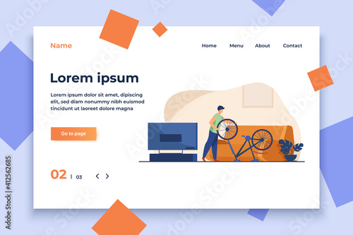 Man repairing bicycle at home. Wheel, sofa, living room flat vector illustration. Transport and maintenance concept for banner, website design or landing web page