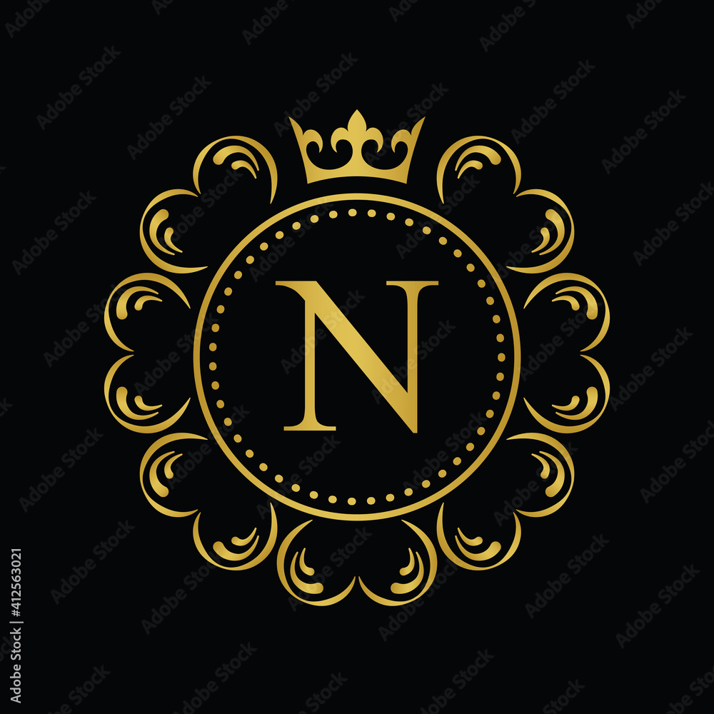 Fototapeta premium Golden Letter N. template logo Luxury gold letter with crown. Monogram alphabet . Beautiful royal initials letter.