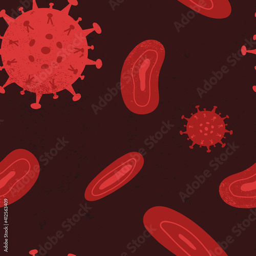 Virus mutation, Covid-19 antibody test seamless pattern. Blood corpuscle, hemic cells, virus molecule on dark background