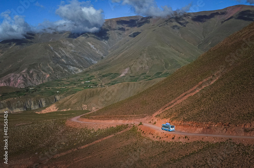 View of serpent mountain road. Route 13 from Humahuaca to Iruya in Salta Province, Argentina. Sky and geological formation