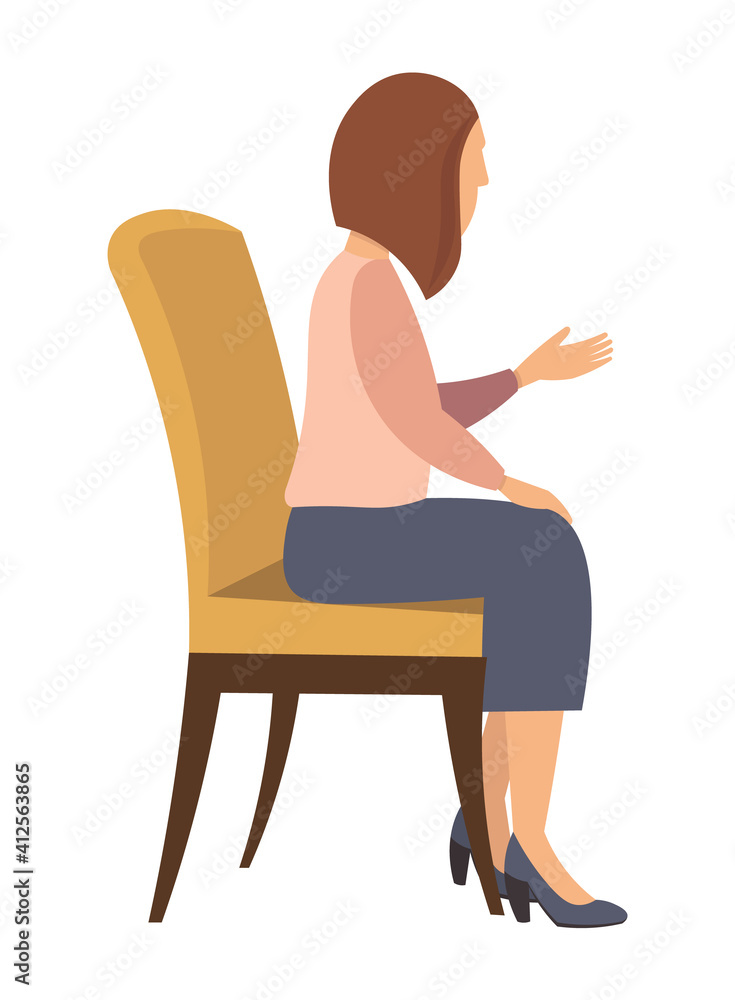 Woman sitting on the chair and pointing on something by hand. Side view. Women at home. Female character sitting on the stool talking to someone making hand gestures isolated on white background Woman sitting on the chair and pointing on something by hand. Side view. Women at home. Female character sitting on the stool talking to someone making hand gestures isolated on white background