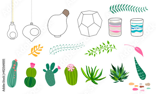 Set of geometric florariums. Geometric terrariums set with plants, succulents and cactus. Scandinavian style home decor. Glass crystal florariums isolated on white background.