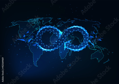 Futuristic global circular economy concept with glowing low polygonal infinity sign on the world map