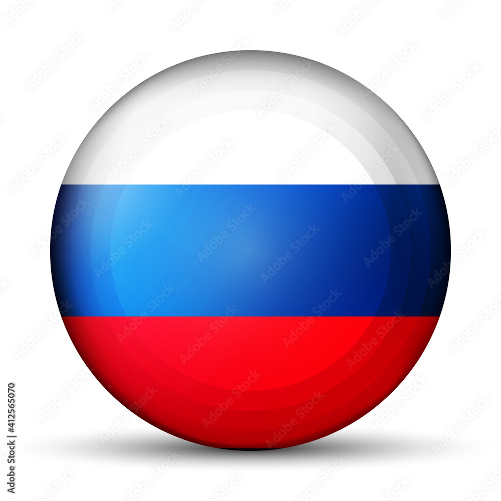 Glass light ball with flag of Russia. Round sphere, template icon. Russian national symbol. Glossy realistic ball, 3D abstract vector illustration highlighted on a white background. Big bubble. Glass light ball with flag of Russia. Round sphere, template icon. Russian national symbol. Glossy realistic ball, 3D abstract vector illustration highlighted on a white background. Big bubble.