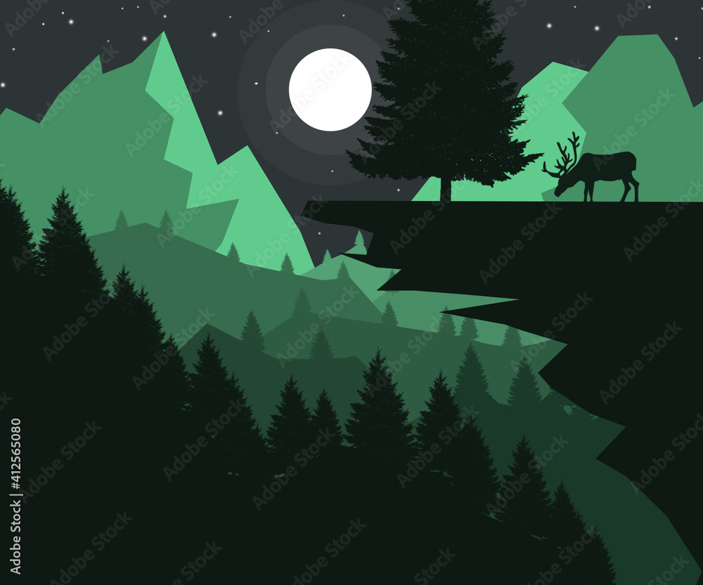 landscape with forest at night