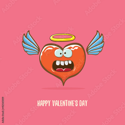 Vector Valentines day greeting card with funny cartoon pink heart character with wings and holy angel golden nimbus isolated on pink background. Conceptual valentines day comic funky kids poster