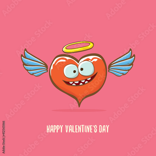 Vector Valentines day greeting card with funny cartoon pink heart character with wings and holy angel golden nimbus isolated on pink background. Conceptual valentines day comic funky kids poster